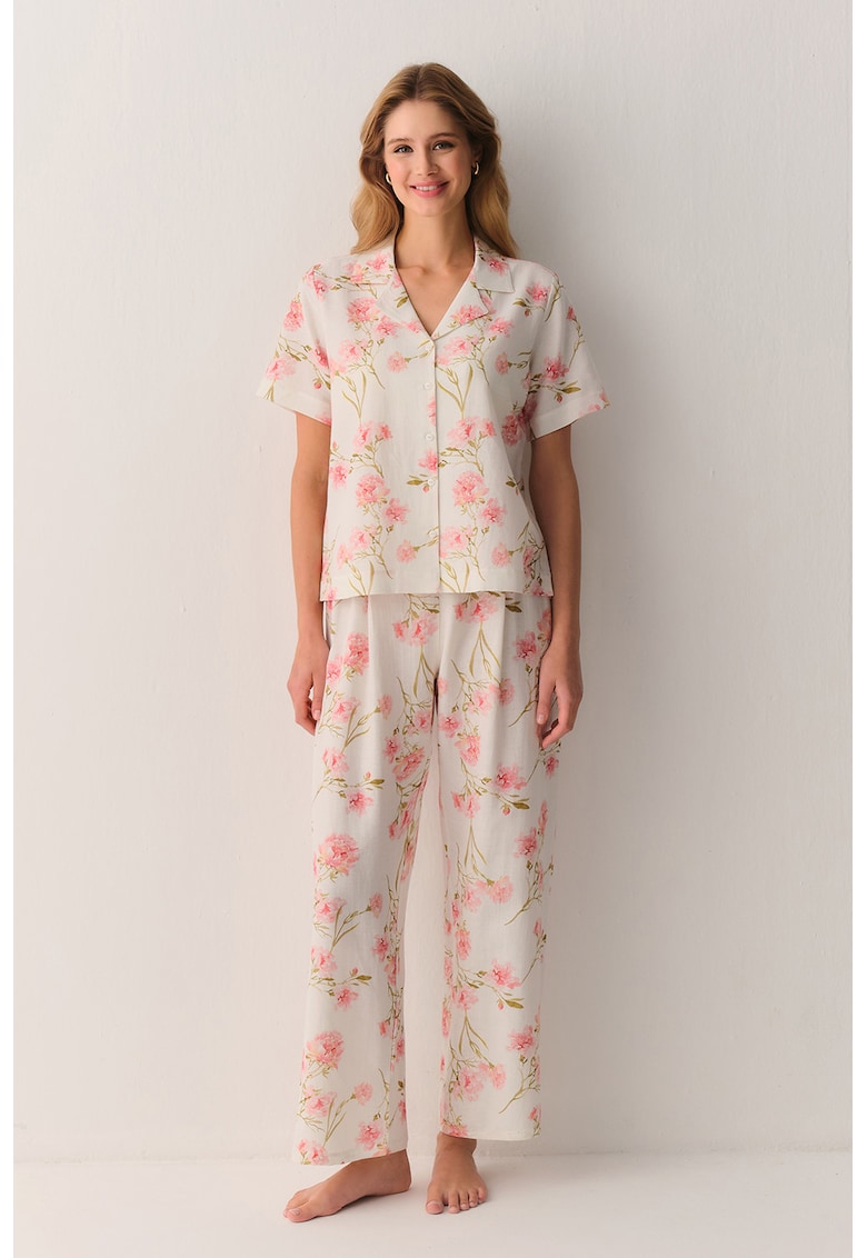 Pijama din bumbac cu imprimeu floral - Alb murdar/Roz