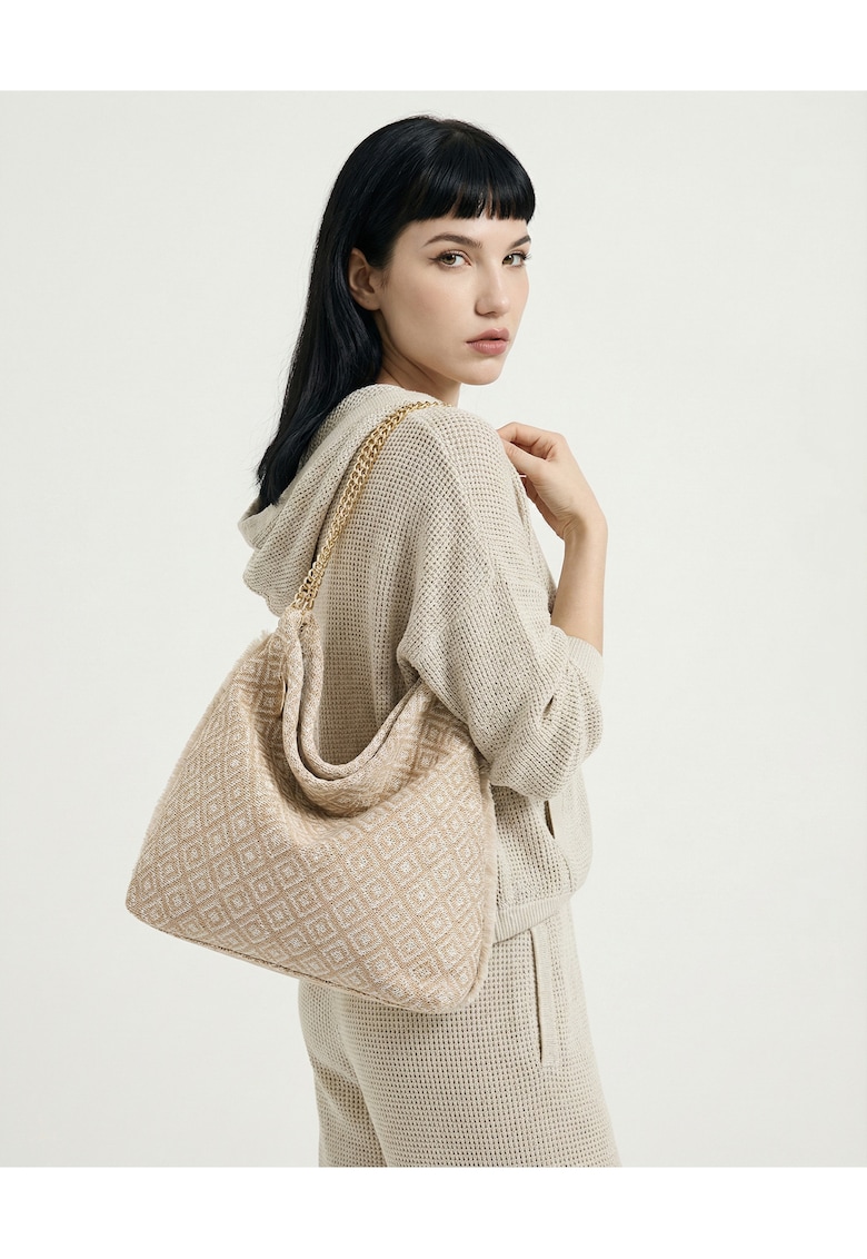 Geanta hobo cu model si barete de lant Valoria - Bej