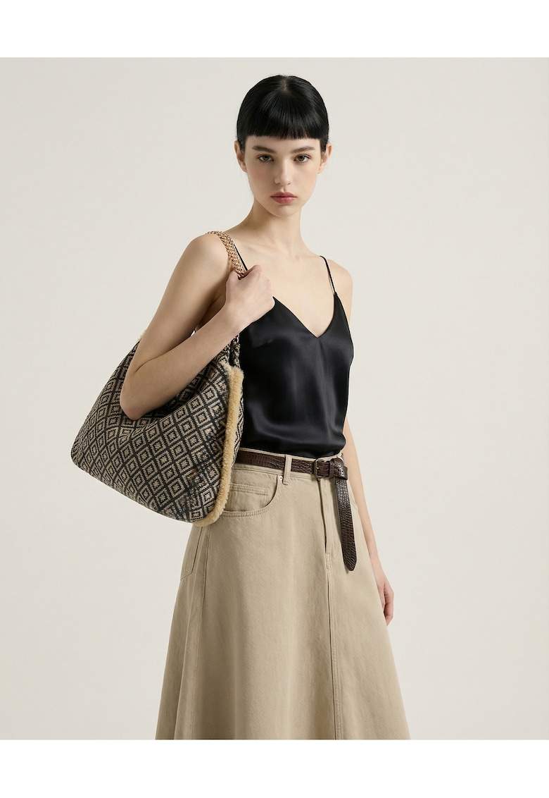 Geanta hobo cu model si barete de lant Valoria - Negru/Bej