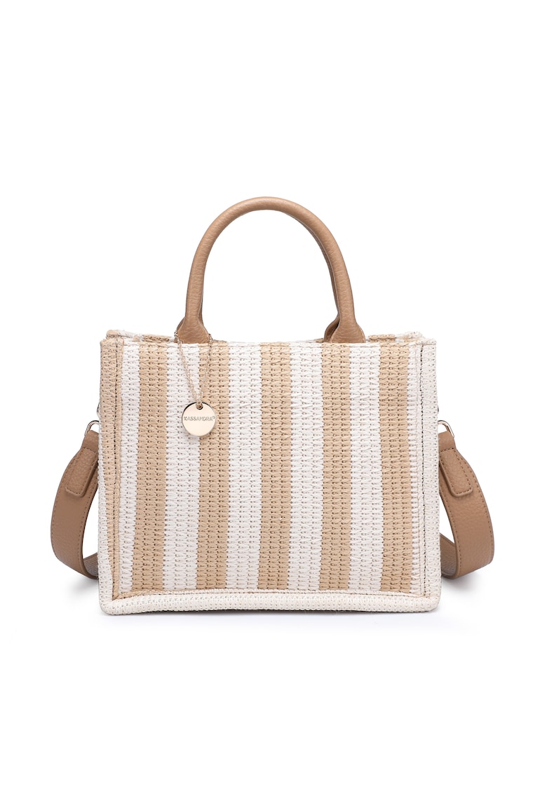 Geanta shopper cu dungi si aspect crosetat Eliara - Bej