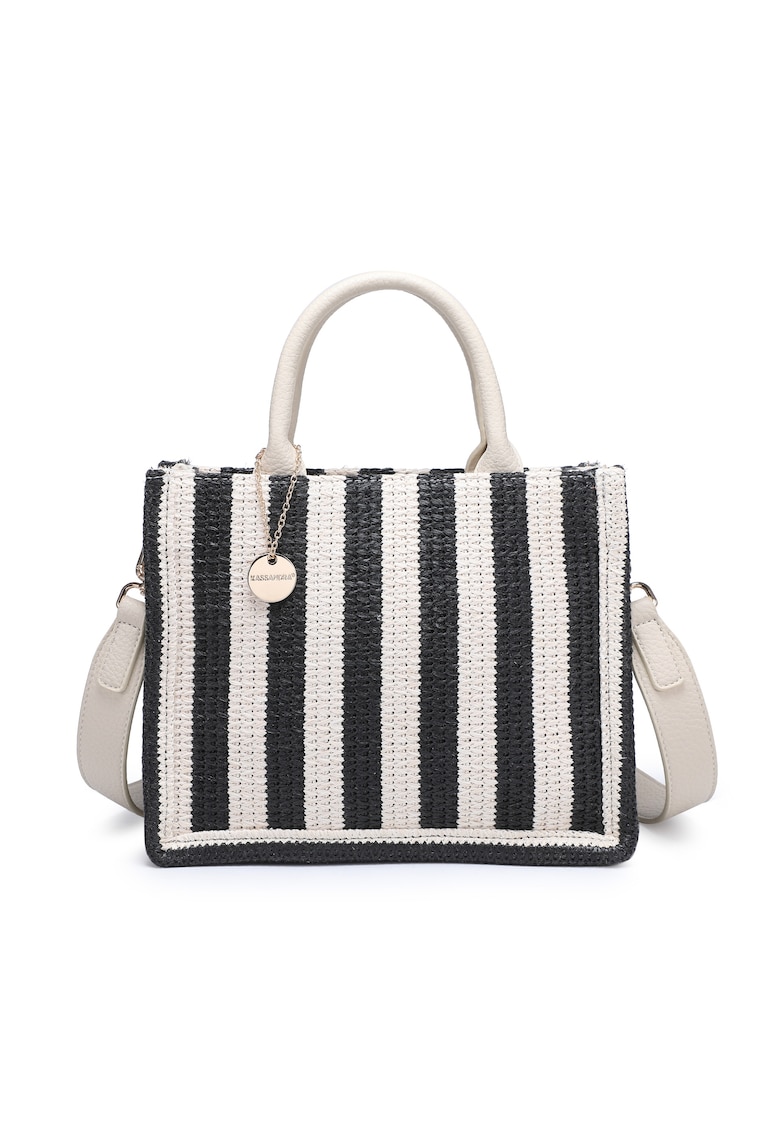 Geanta shopper cu dungi si aspect crosetat Eliara - Negru