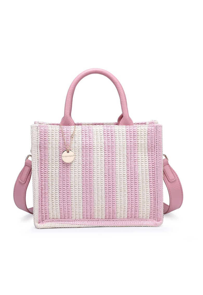 Geanta shopper cu dungi si aspect crosetat Eliara - Roz