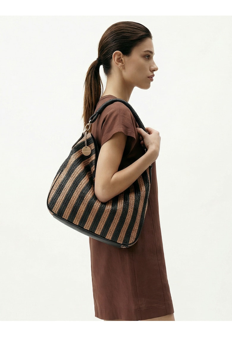 Geanta hobo cu dungi si aspect crosetat Lumena Plus - Maro