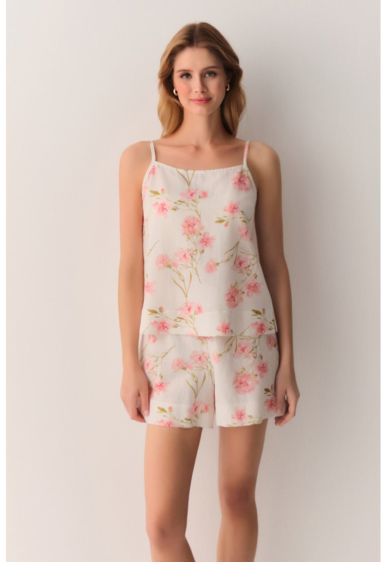 Pijama scurta din bumbac cu imprimeu floral - Alb murdar/Roz