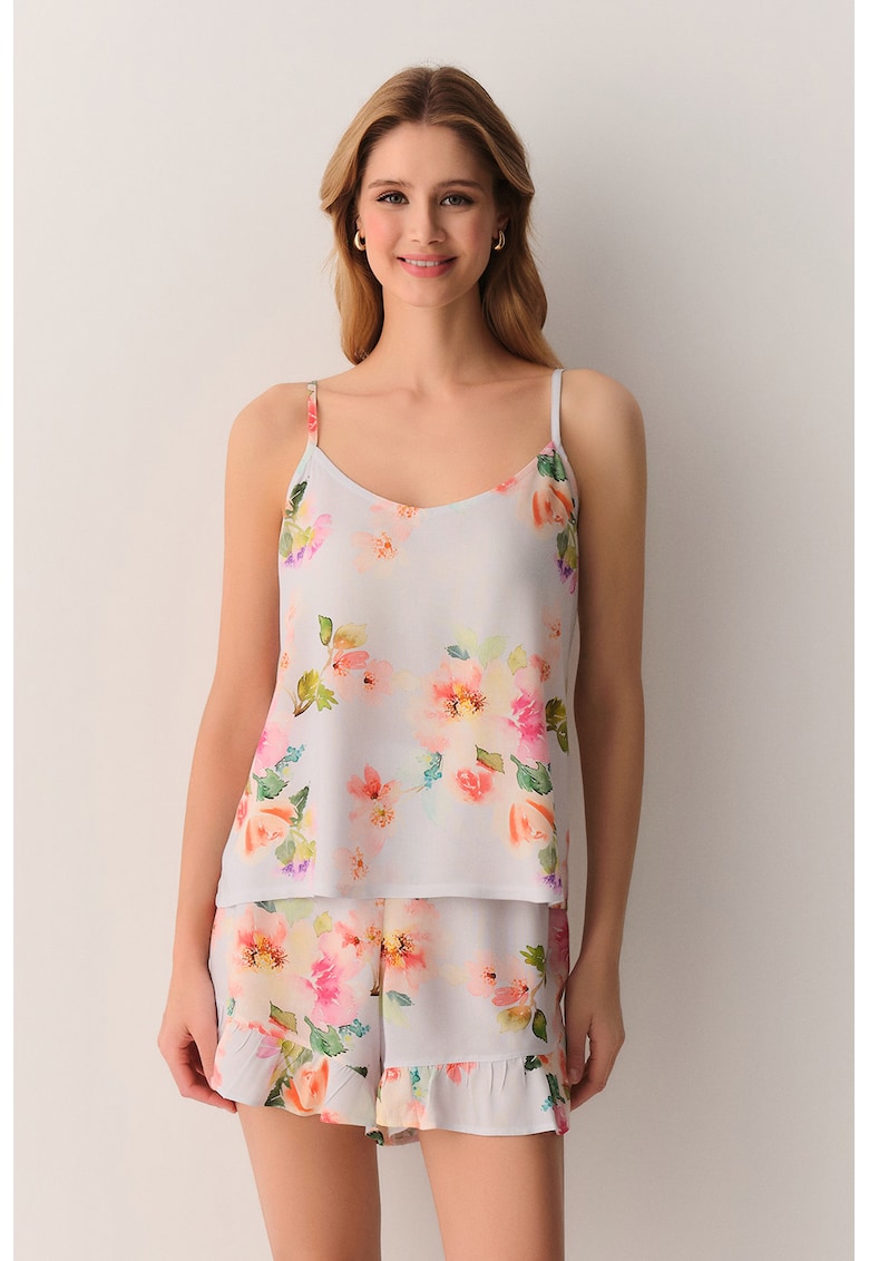 Pijama scurta cu imprimeu floral - Piersica/Albastru pal