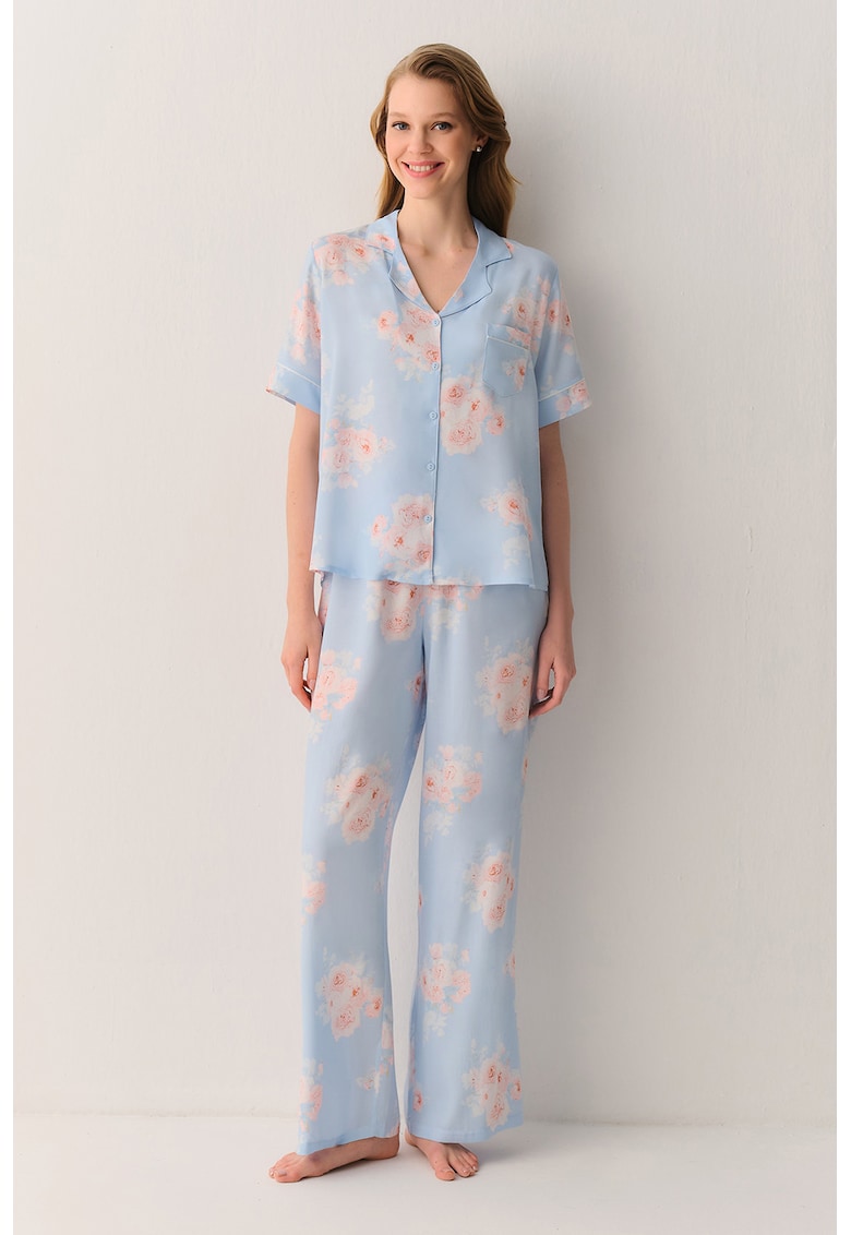 Pijama cu imprimeu floral - Piersica/Albastru deschis