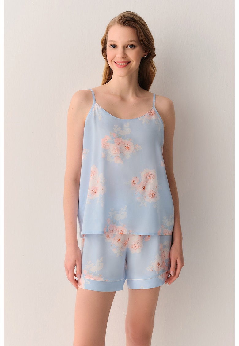 Pijama scurta cu imprimeu floral - Piersica/Albastru deschis
