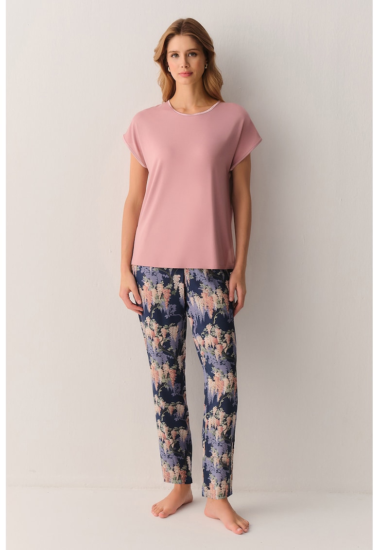 Pijama cu model Garden - Alb fildes/Roz prafuit/Bleumarin