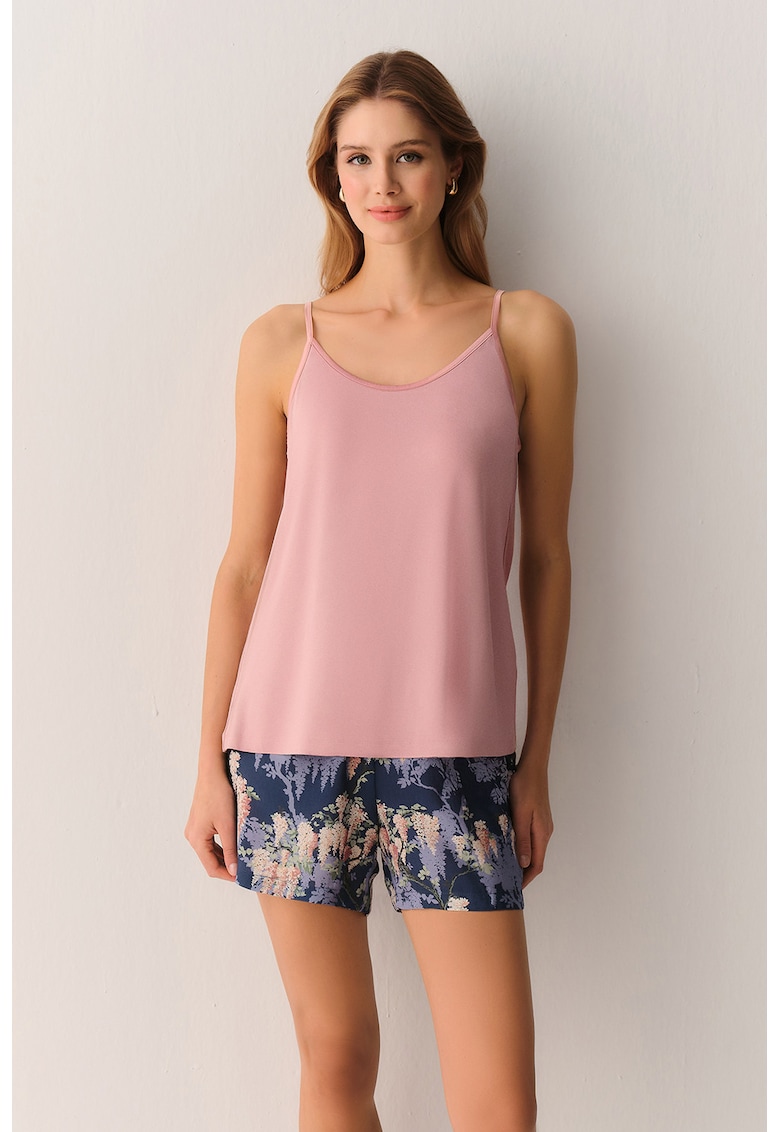 Pijama cu pantaloni scurti Garden - Alb fildes/Roz prafuit/Bleumarin