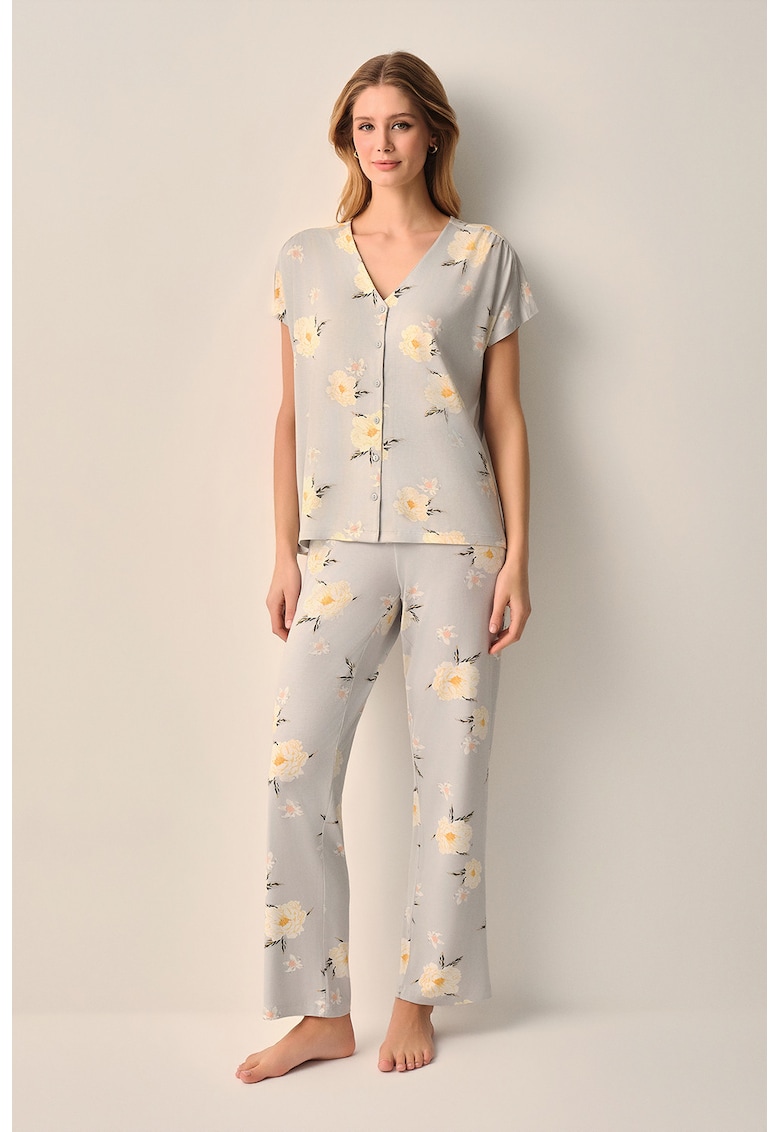 Pijama cu pantaloni lungi si imprimeu floral - Gri/Galben pal