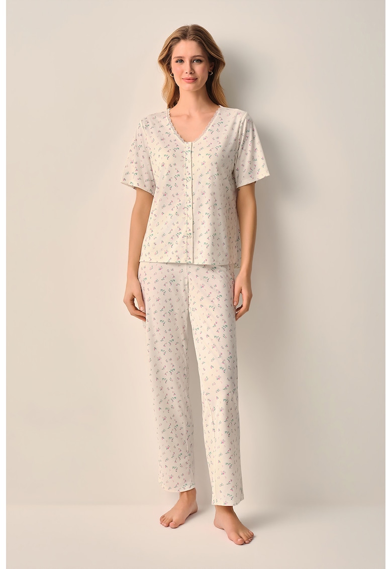 Pijama cu imprimeu floral si nasturi - Verde/Bej