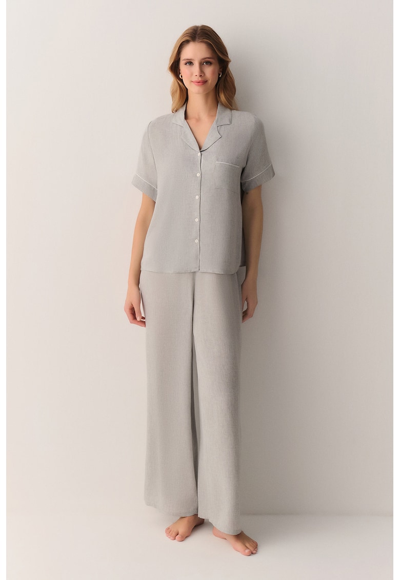 Pijama cu pantaloni lungi si revere decupate - Gri