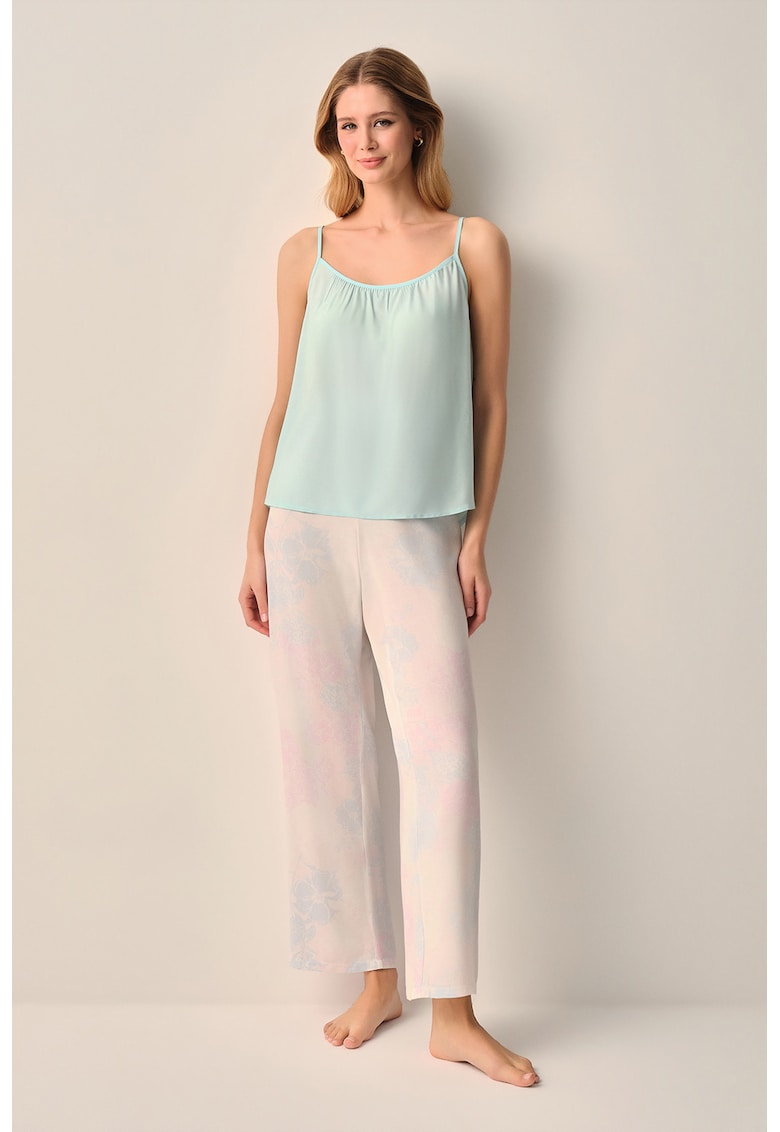 Top lejer si pantaloni lungi de pijama - Roz pal/Verde menta