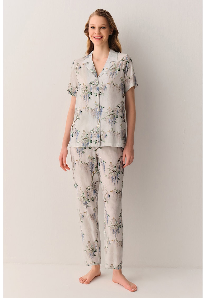 Pijama cu model floral Larisa - Gri cenusiu/Albastru safir