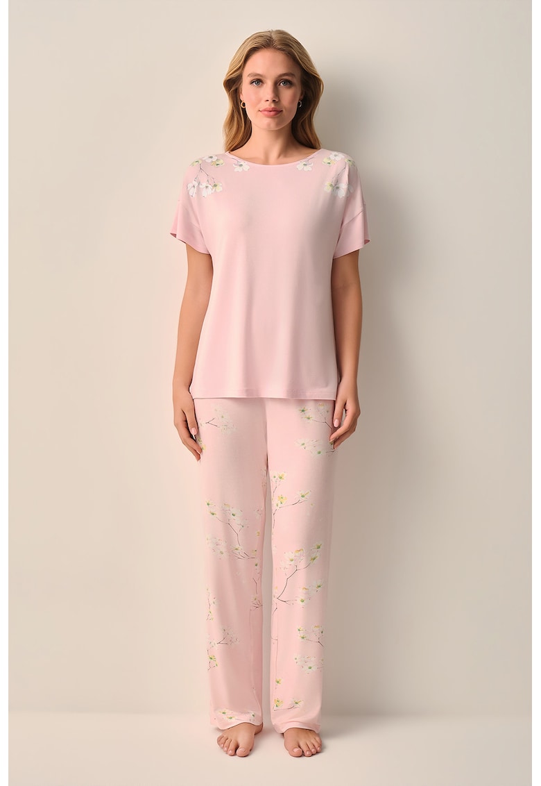 Pijama cu croiala lejera si model floral - Alb/Roz pastel