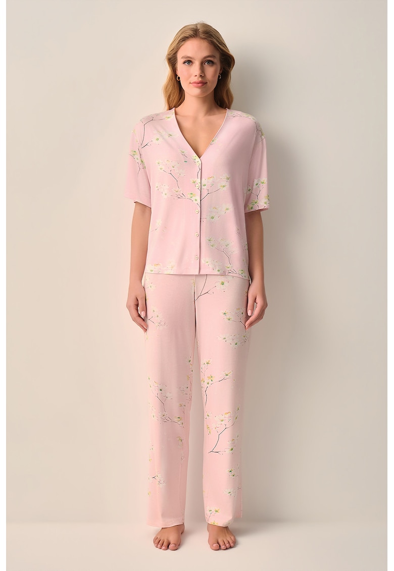 Pijama cu pantaloni lungi si imprimeu floral - Alb/Roz pastel