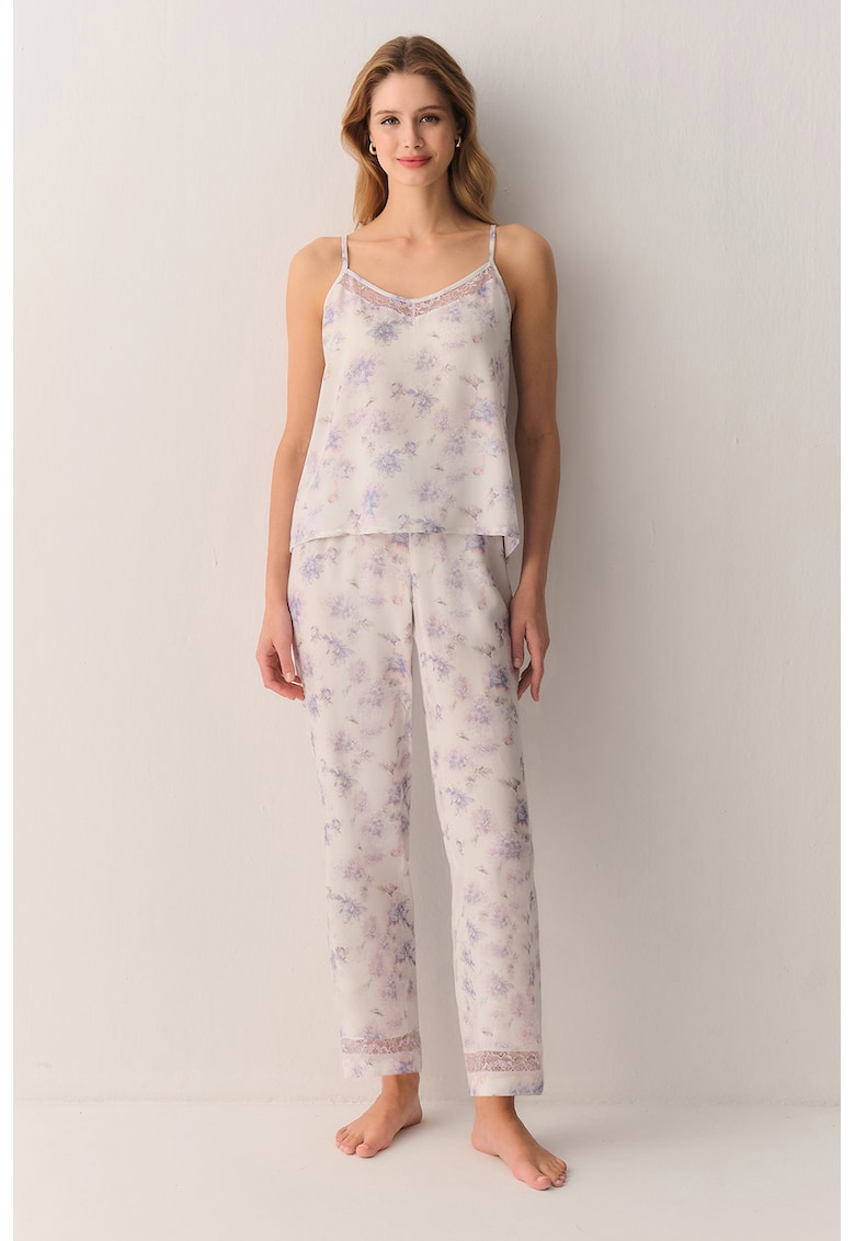 Pijama cu imprimeu floral si garnituri din dantela - Bej deschis/Violet pastel
