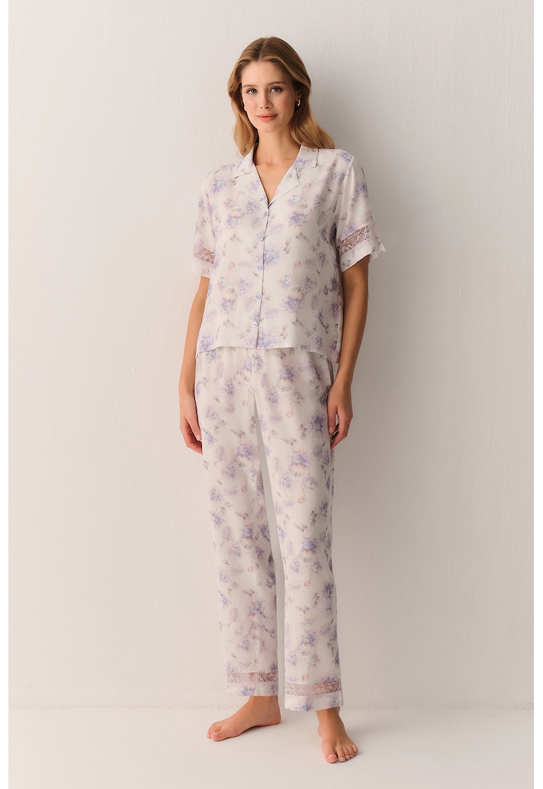 Pijama cu maneci scurte si imprimeu floral - Bej deschis/Violet pastel