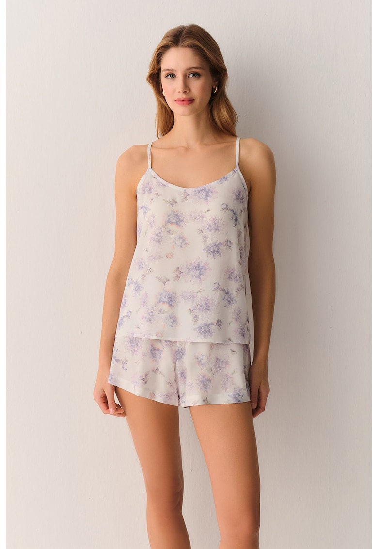 Pijama cu pantaloni scurti si imprimeu floral - Bej deschis/Violet pastel