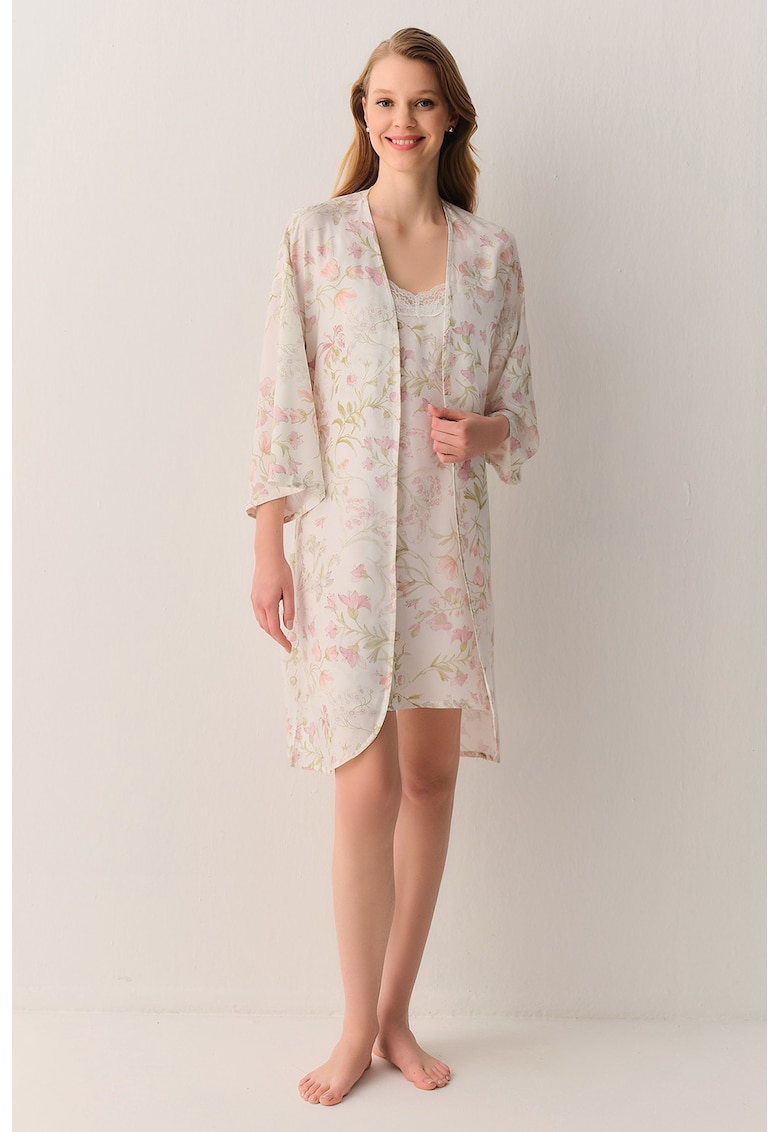 Halat cu maneci trei sferturi si model floral - Roz deschis/Bej deschis