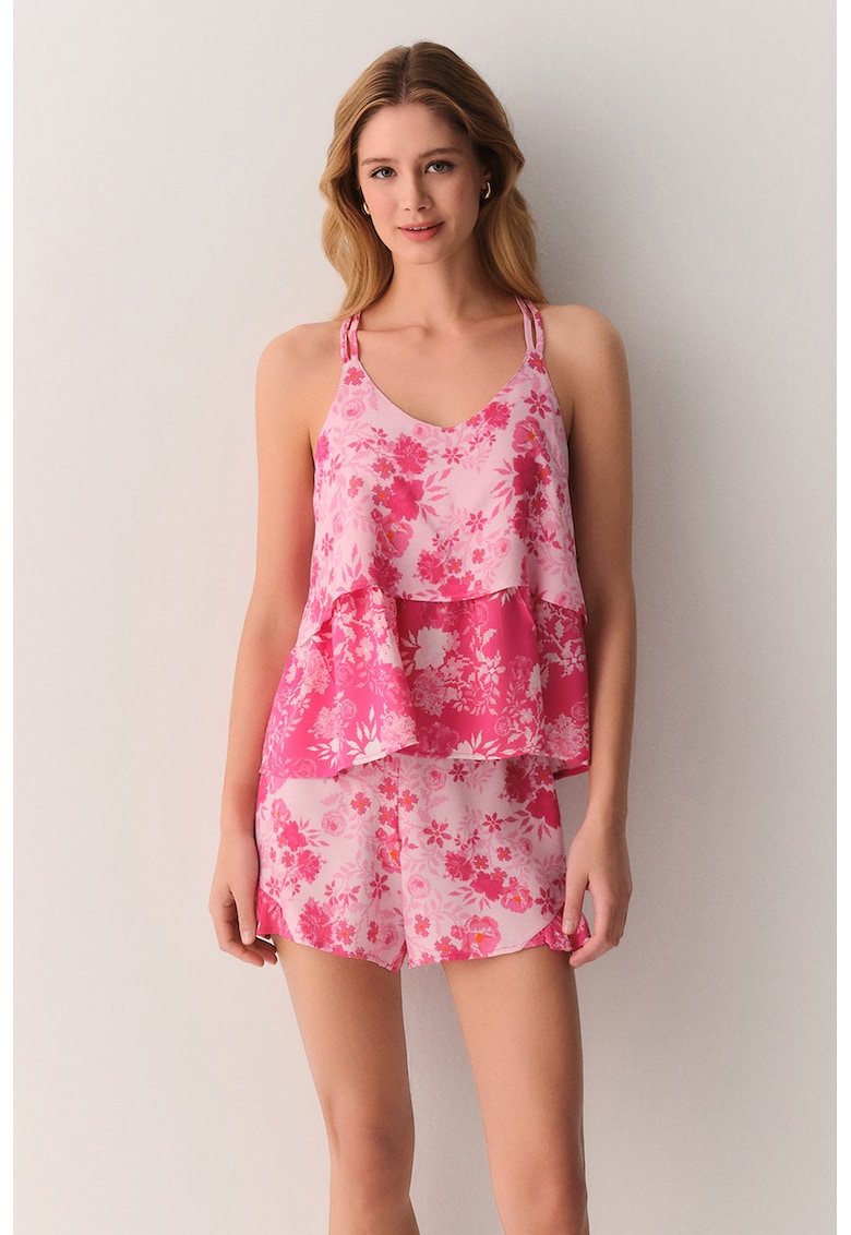 Pijama cu pantaloni scurti si imprimeu floral - Fucsia/Roz deschis