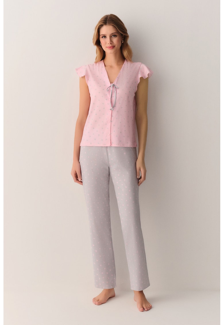 Pijama din bumbac cu model inimi - Gri/Roz deschis