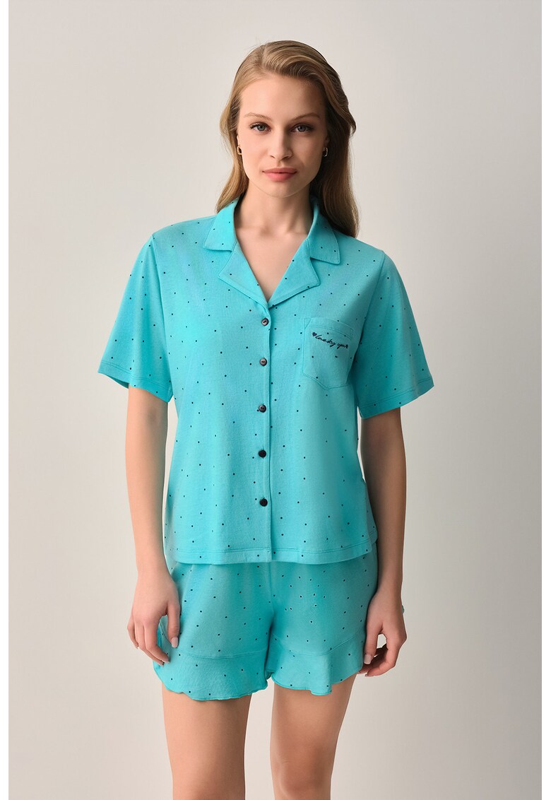 Pijama din bumbac cu imprimeu buline - Turcoaz inchis