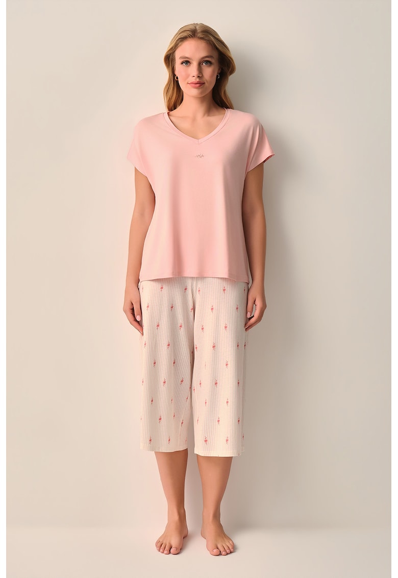Pijama cu decolteu in V si imprimeu floral - Roz bombon/Bej deschis