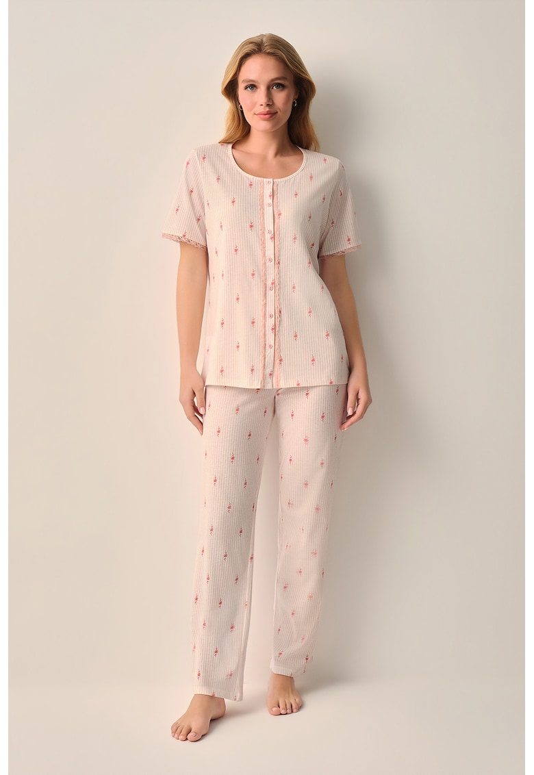 Pijama cu pantaloni lungi si imprimeu floral - Rosu corai/Bej deschis