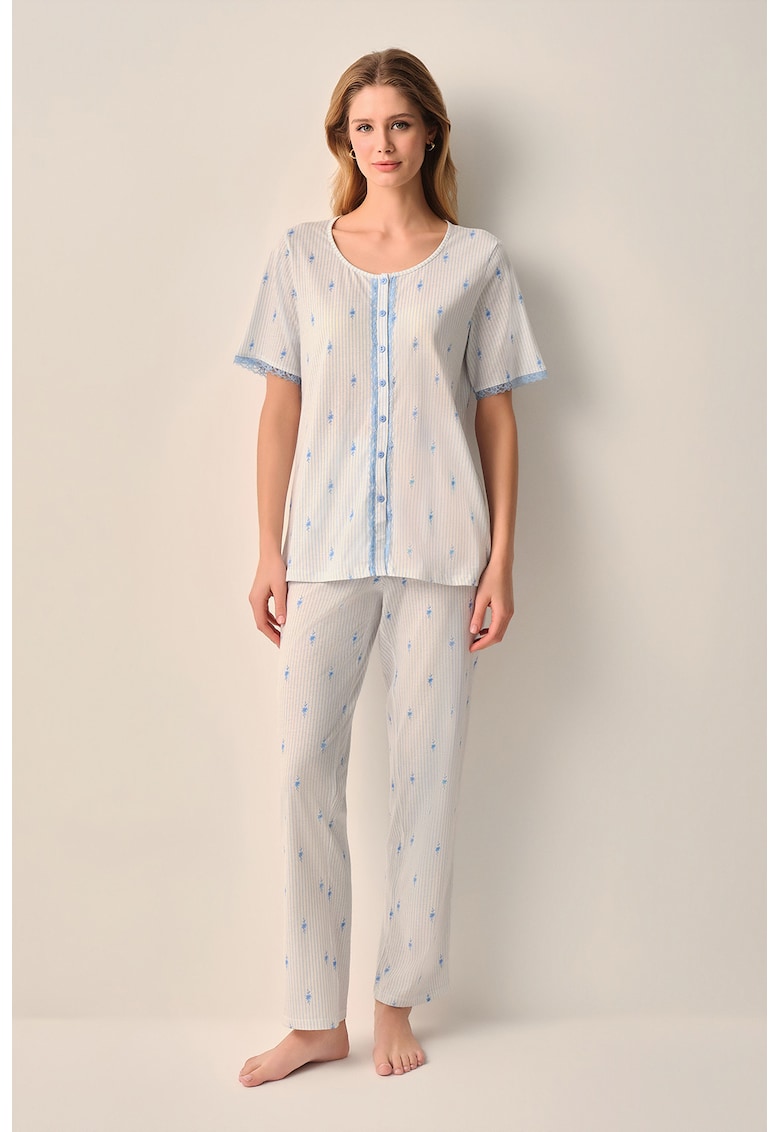 Pijama cu pantaloni lungi si imprimeu floral - Alb murdar/Albastru