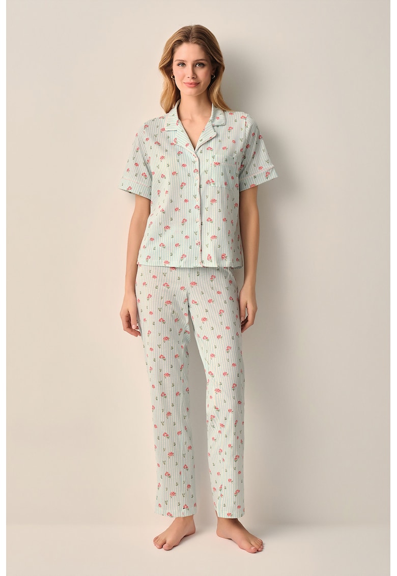 Pijama cu pantaloni lungi si imprimeu floral - Turcoaz/Rosu corai