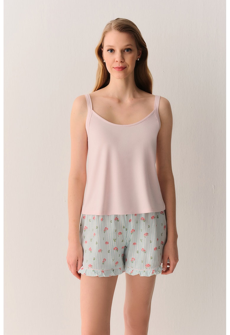Pijama din bumbac cu pantaloni scurti - Turcoaz/Roz pal
