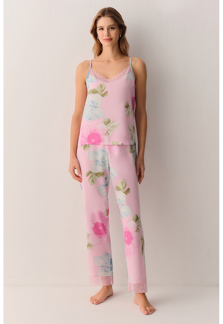 Pijama cu garnituri din dantela si imprimeu floral - Roz deschis/Albastru deschis