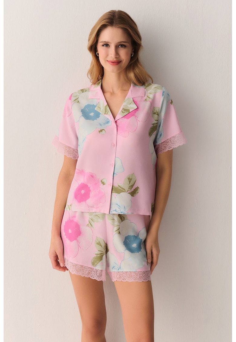 Pijama cu maneci scurte si imprimeu floral - Roz deschis/Albastru deschis