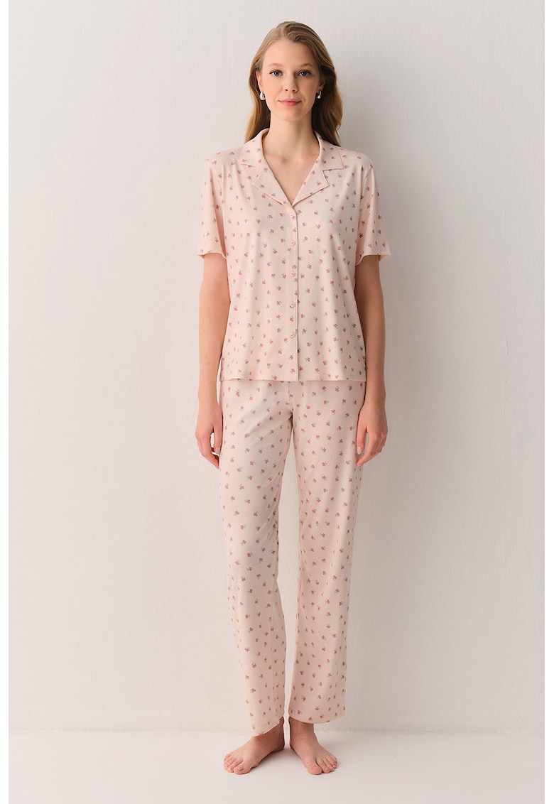 Pijama cu maneci scurte si imprimeu floral - Roz pastel
