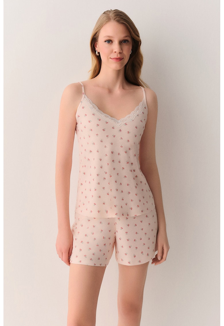 Pijama cu pantaloni scurti si imprimeu floral - Bej