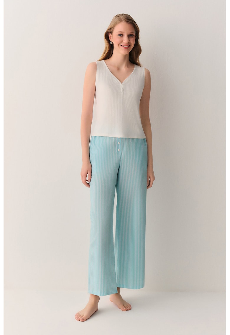 Pijama striata din bumbac - Alb fildes/Turcoaz