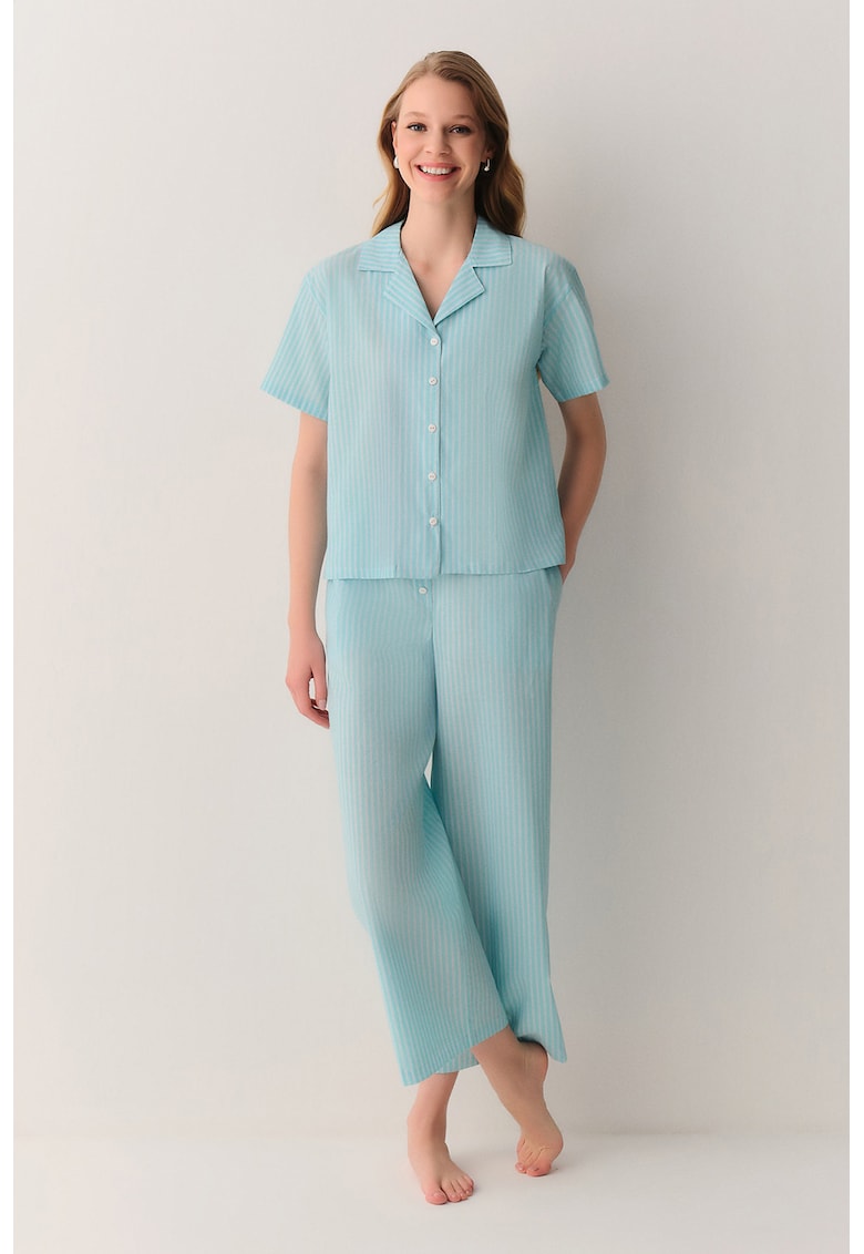 Pijama din bumbac cu dungi - Turcoaz