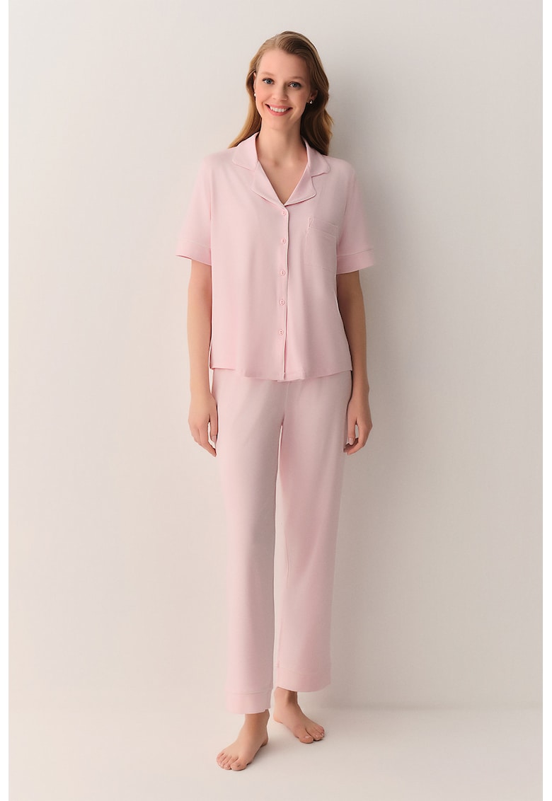 Pijama cu pantaloni lungi si buzunar pe piept - Roz pastel