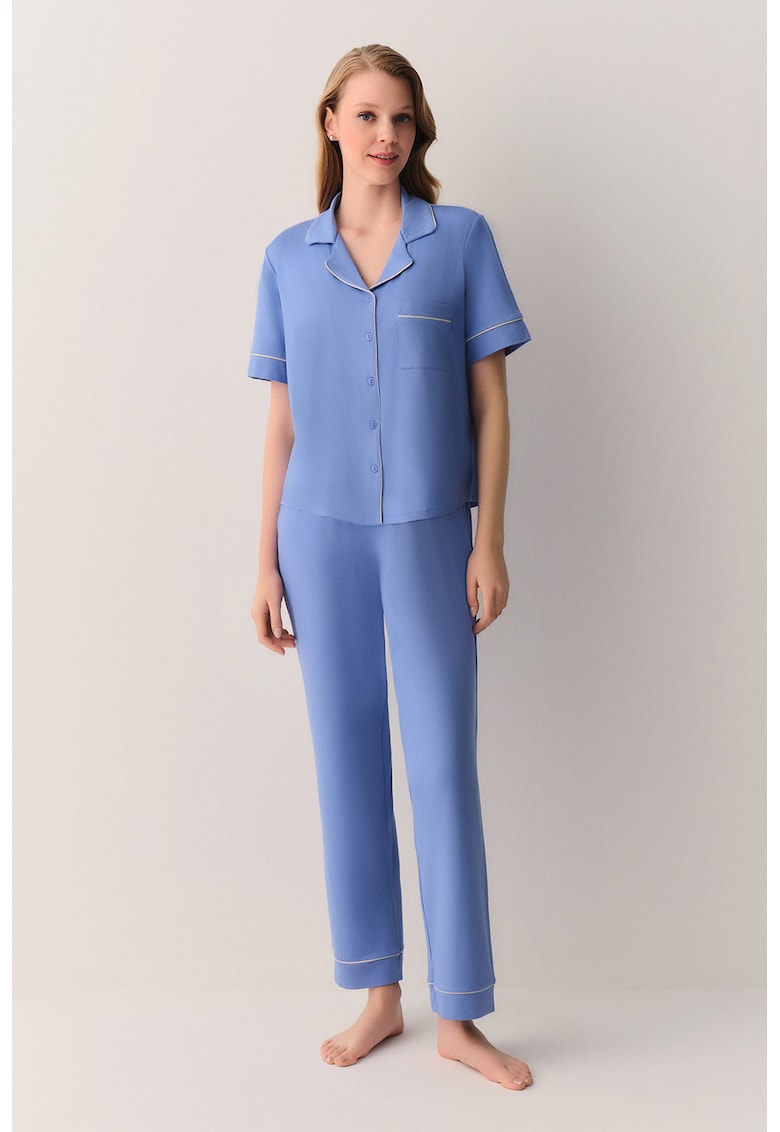Pijama cu pantaloni lungi si buzunar pe piept - Albastru cobalt