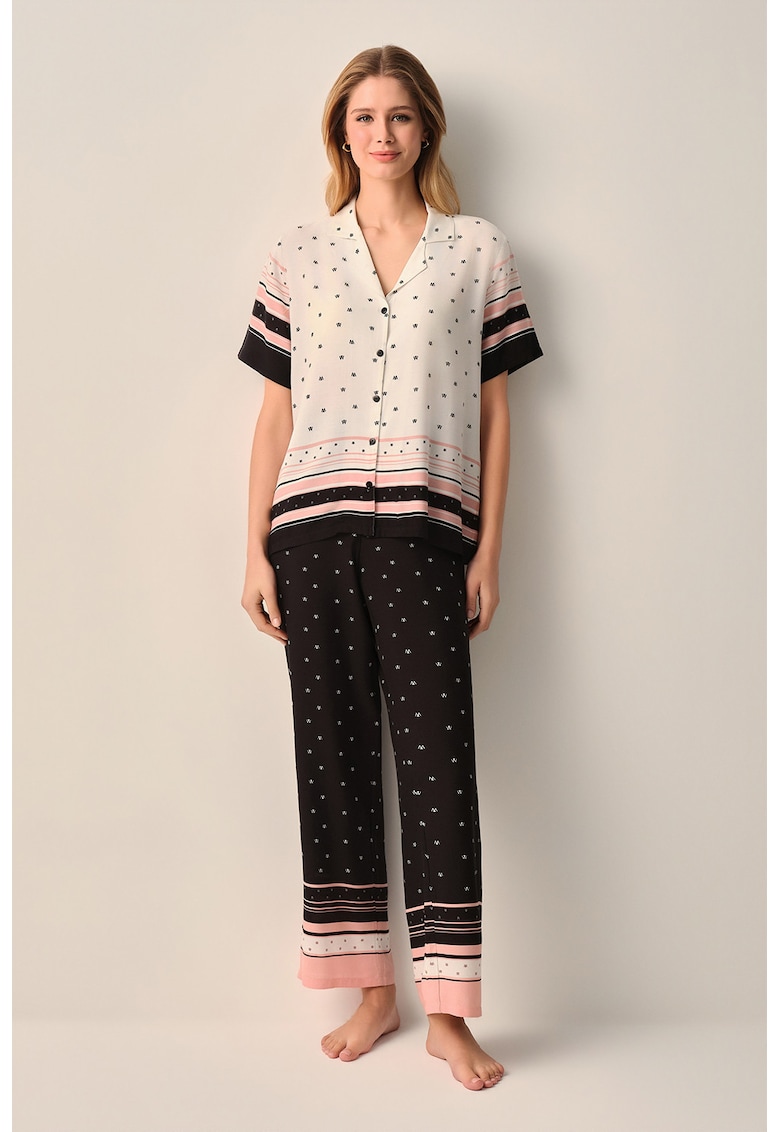 Pijama cu pantaloni lungi si model - Alb/Negru/Roz