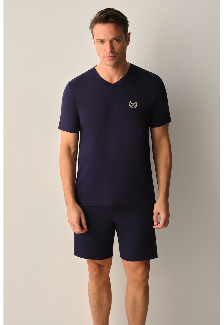 Pijama cu pantaloni scurti si decolteu in V - Bleumarin