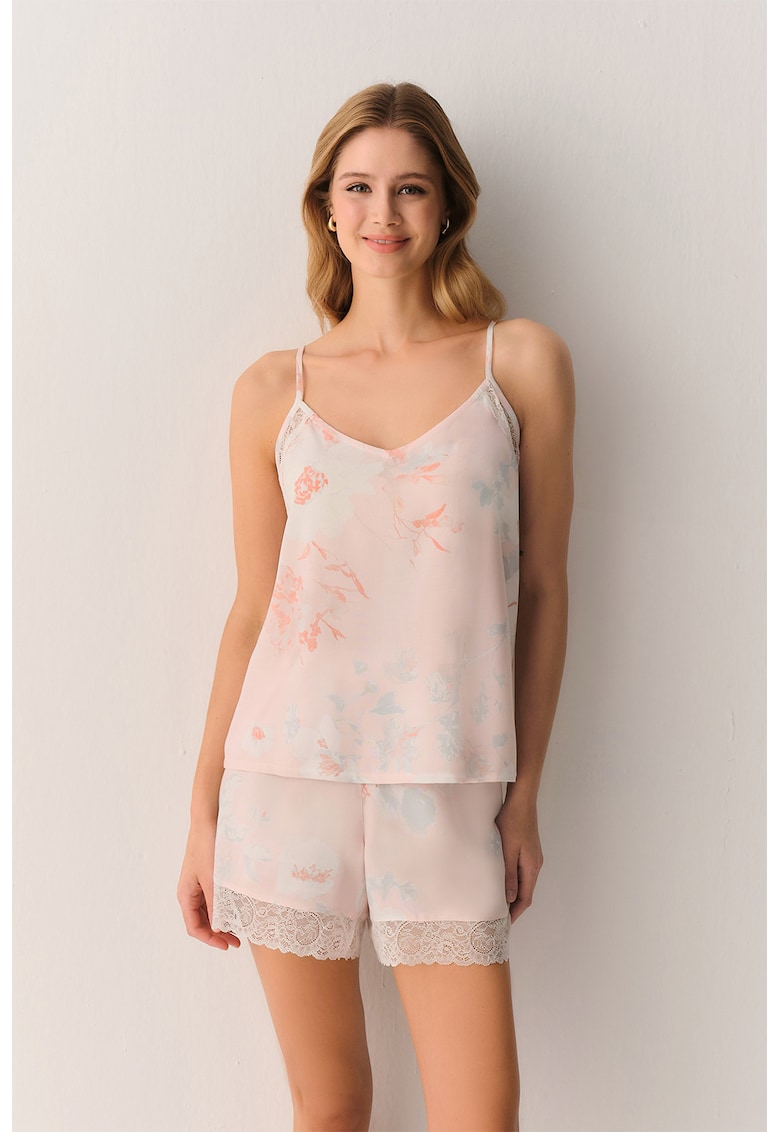 Pijama cu pantaloni scurti - model floral si garnitura din dantela - Gri deschis/Roz