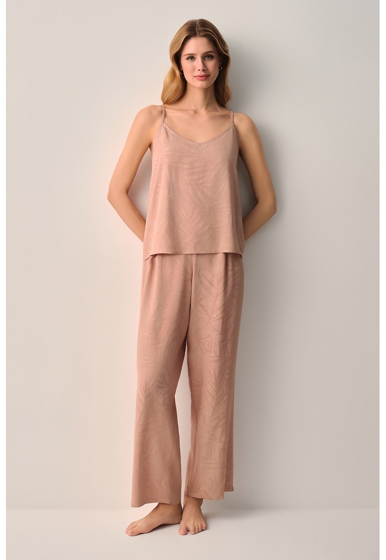 Pijama cu pantaloni lungi si model tropical - Maro taupe