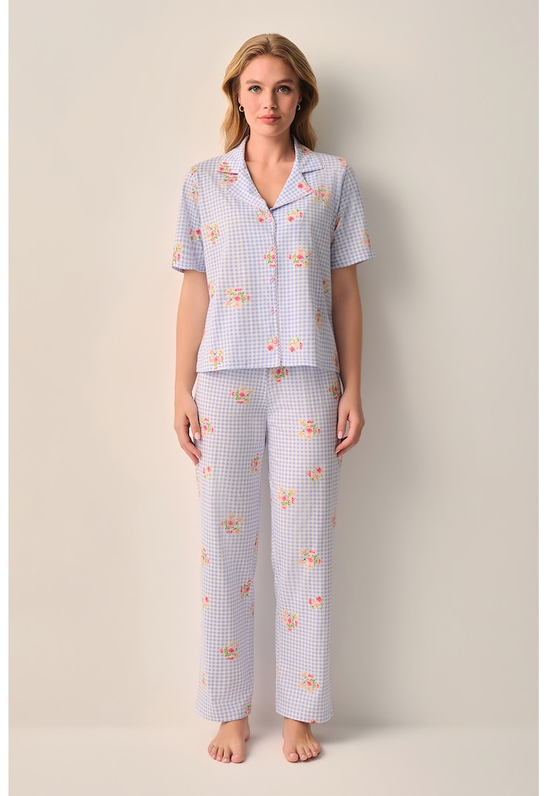 Pijama din bumbac cu imprimeu - Verde/Albastru azur/Roz