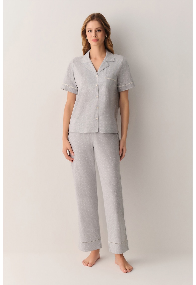 Pijama din amestec de bumbac cu nasturi - Alb/Gri deschis melange