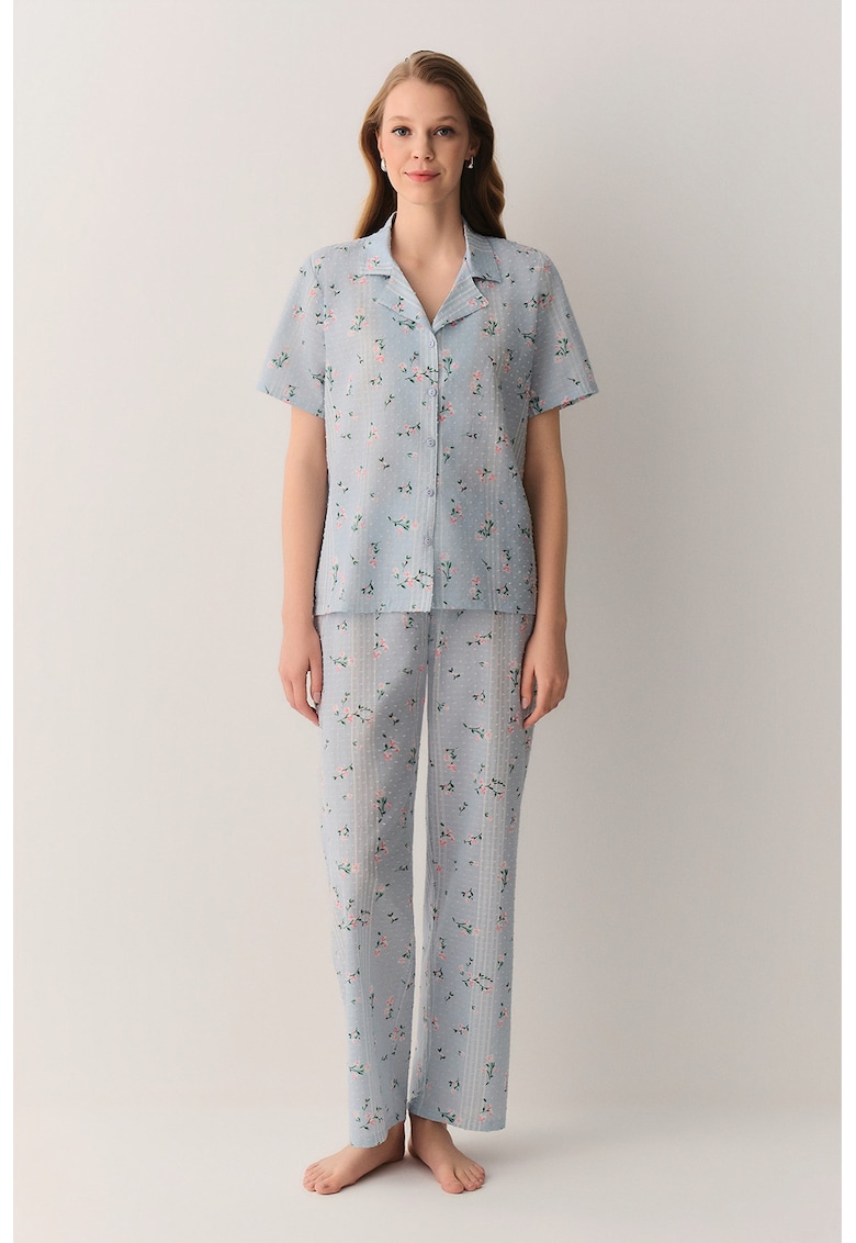Pijama din bumbac cu maneci scurte si model floral - Verde/Roz/Albastru