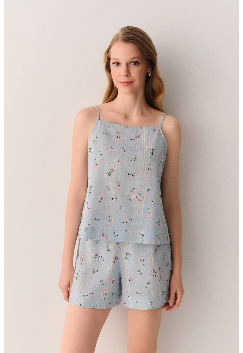 Pijama din bumbac cu model floral - fara maneci - Verde/Roz/Albastru