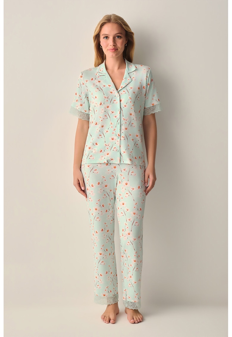Pijama cu imprimeu floral si garnituri din dantela - Rosu/Roz/Verde menta