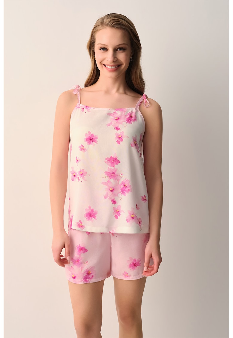 Pijama cu pantaloni scurti si model floral - Galben/Roz